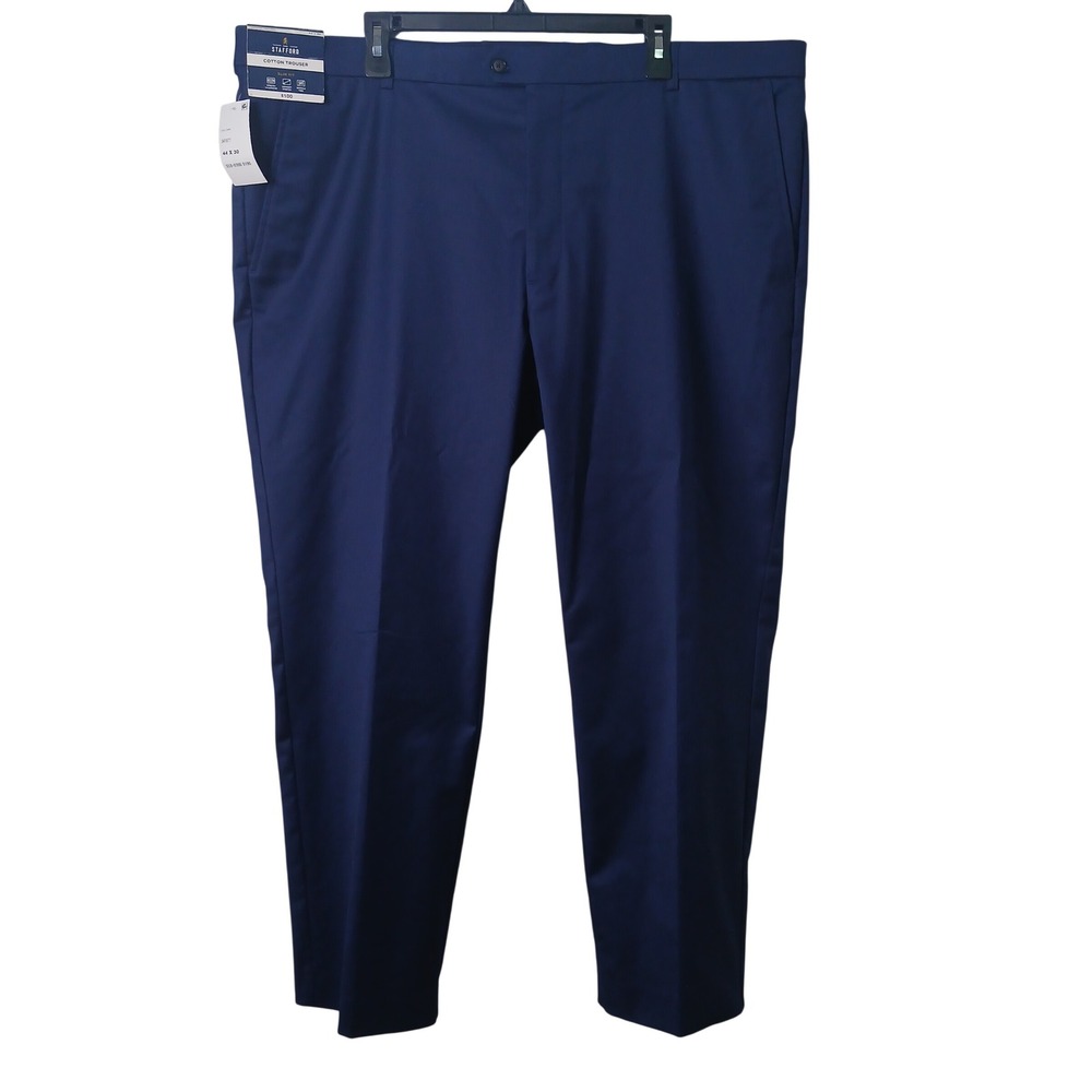 Stafford Mens Slim Fit Cotton Trousers Navy Blue Flat Front Pants 44x30 NWT